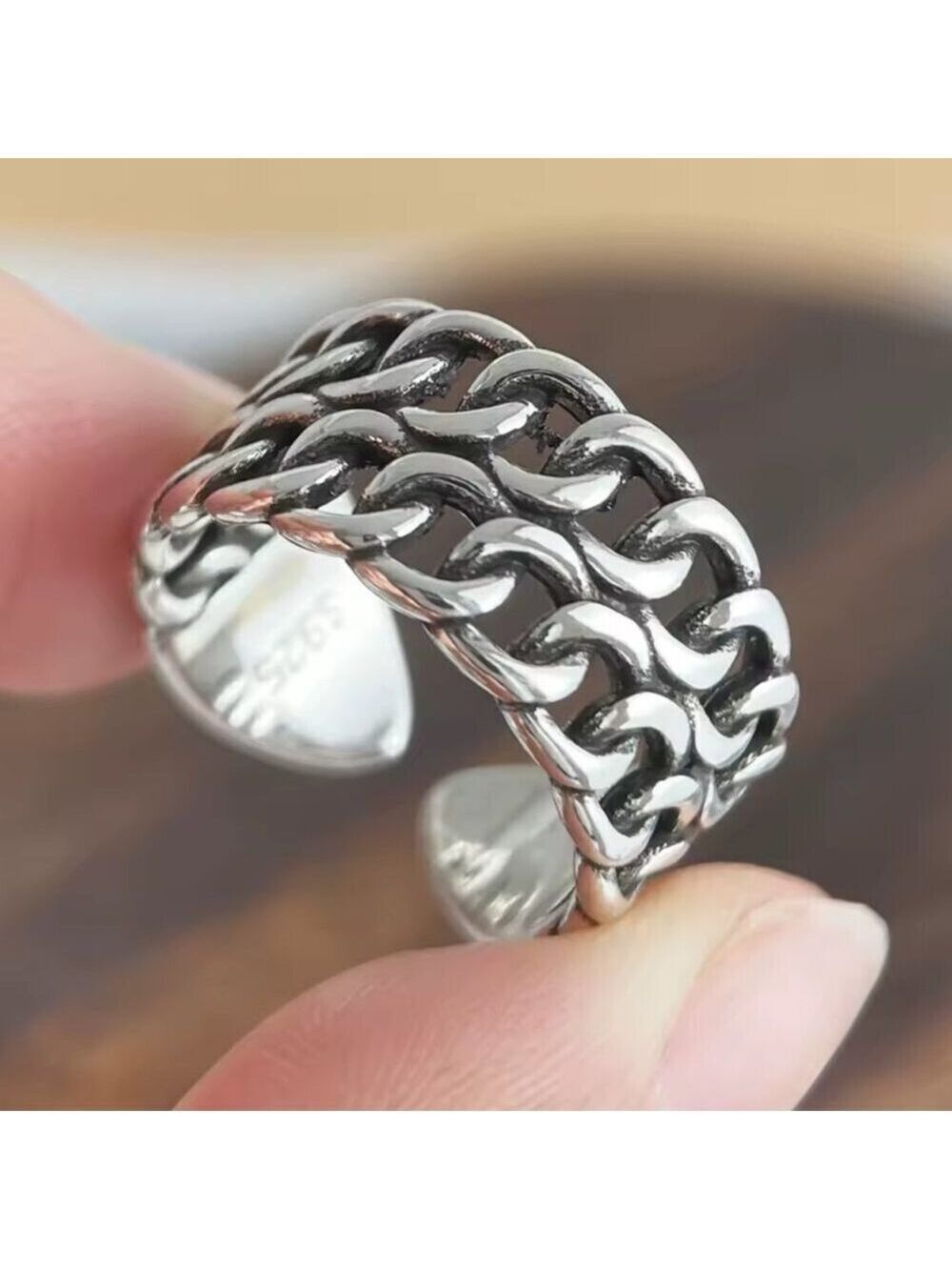 925 Silver Double Curb Link Adjustable Ring #1547 - Picture 3 of 5